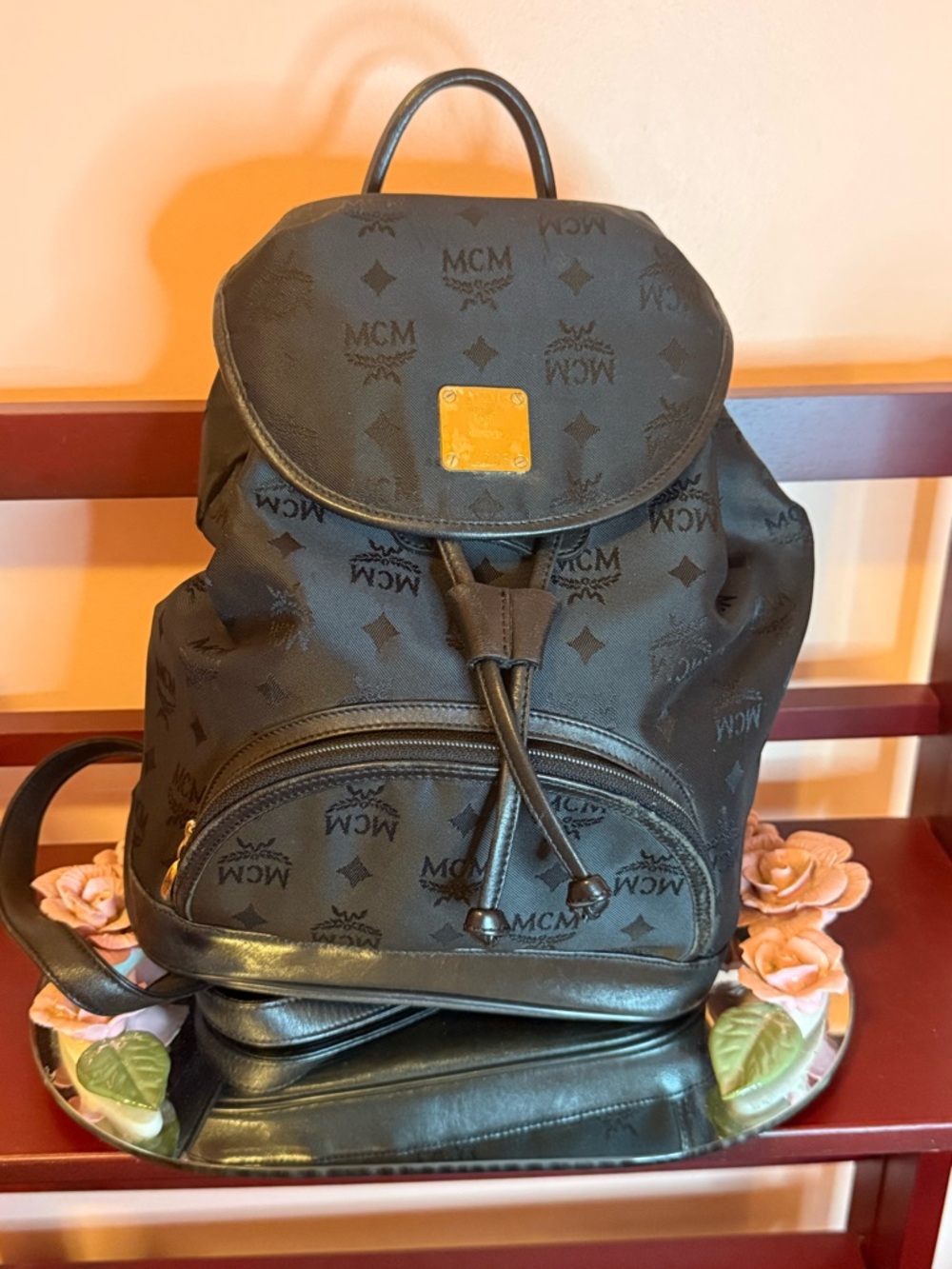 MCM Black Monogram Nylon Drawstring Backpack with Gold Plaque